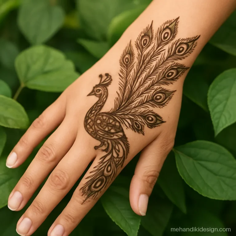 Back side mehandi design with a peacock and feathers covering the hand