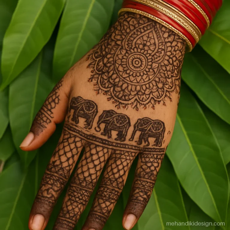 Full hand bridal mehandi with elephant procession band on the wrist