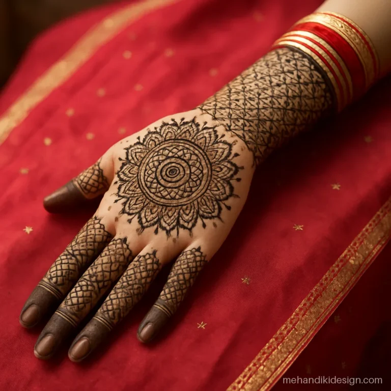 Full hand dulhan mehandi design on the front hand going up to the elbow