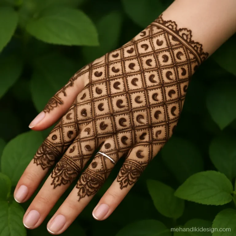 Full hand karva chauth mehandi on the back hand with checks and moon motifs