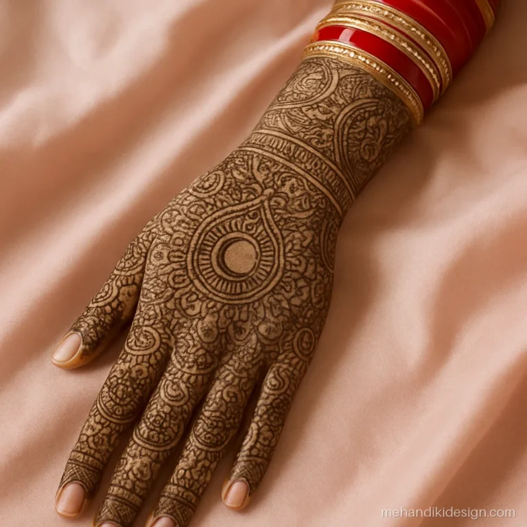 Full hand karva chauth mehandi designs up to the elbow with moon and karwa