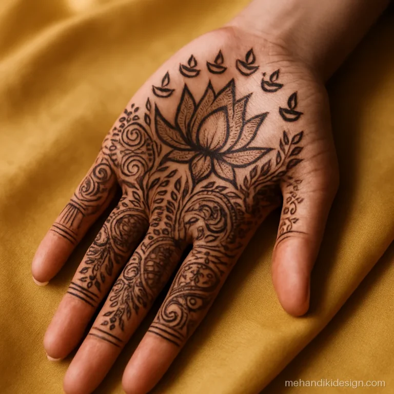 Full hand Karva chauth mehandi with lotus, diyas and dense shading to wrist