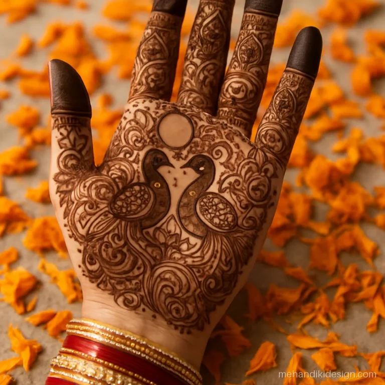 Full hand karva chauth mehandi with peacocks looking at the moon