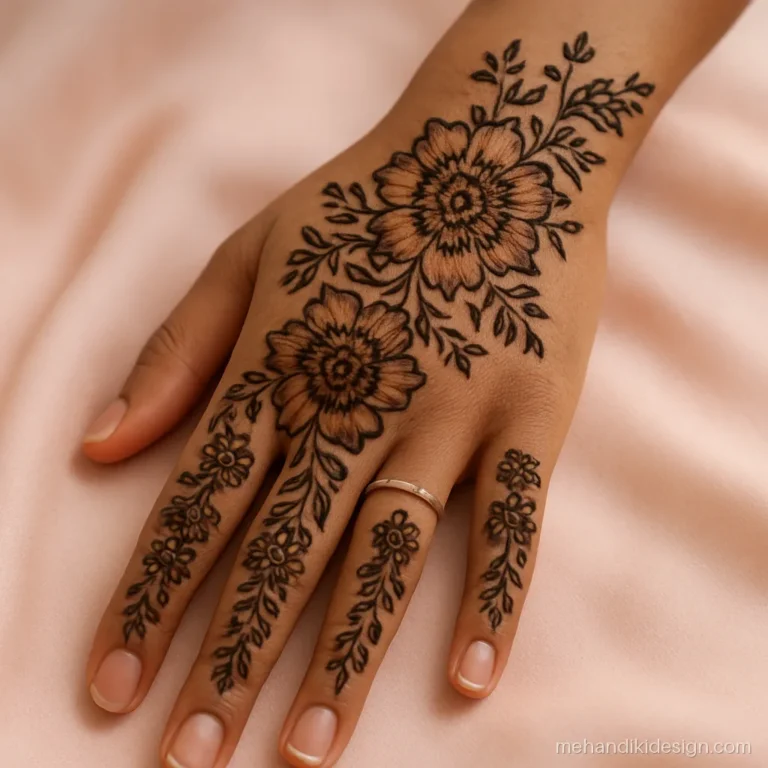 Full hand mehandi back with heavy diagonal florals and filled fingers