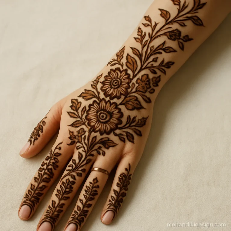 Full hand mehandi back side extending up to the elbow with vines