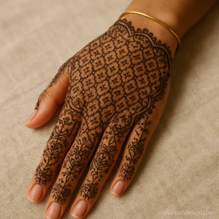 Full hand mehandi back side lace pattern from fingernails to wrist