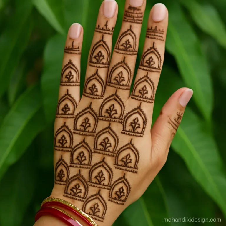 Full hand mehandi designs front with rows of arches and buds