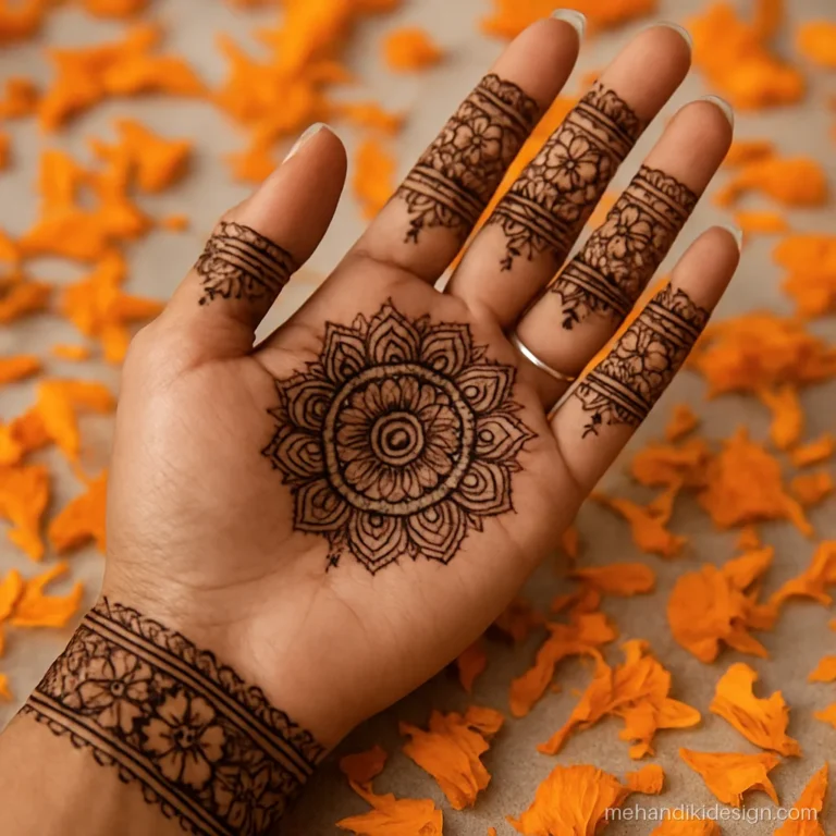 Full hand mehandi design front side with central mandala and lace fingers