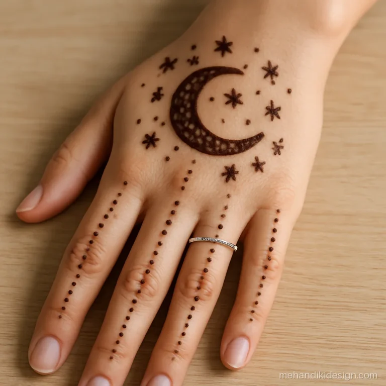 Full hand mehandi for girls with stars, moon and dotted fingers