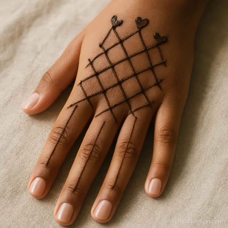 Full hand mehandi for girls with a big check net and heart tips
