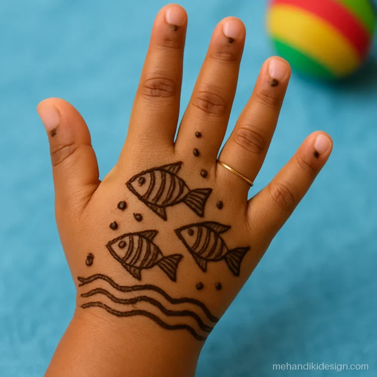 Full hand mehandi for kids with little fish and bubbles on the palm