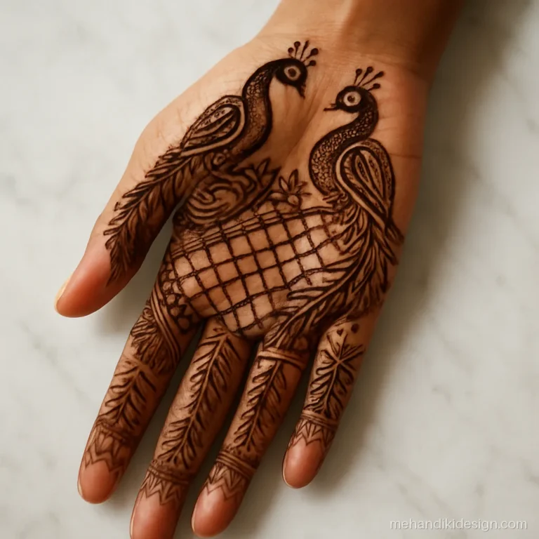 Full hath ki mehandi on front hand with peacock pair and jaal