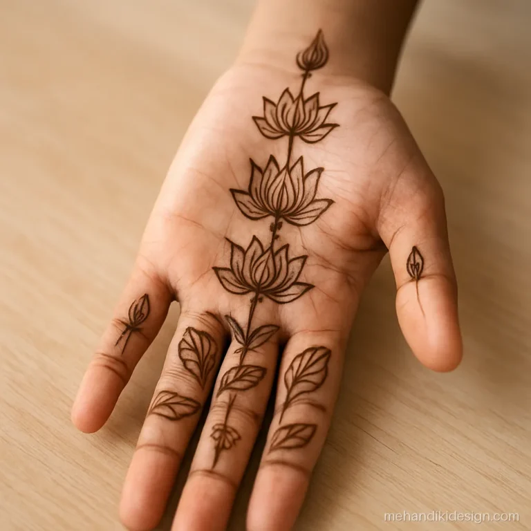 Full mehandi design on palm with a ladder of lotuses from wrist