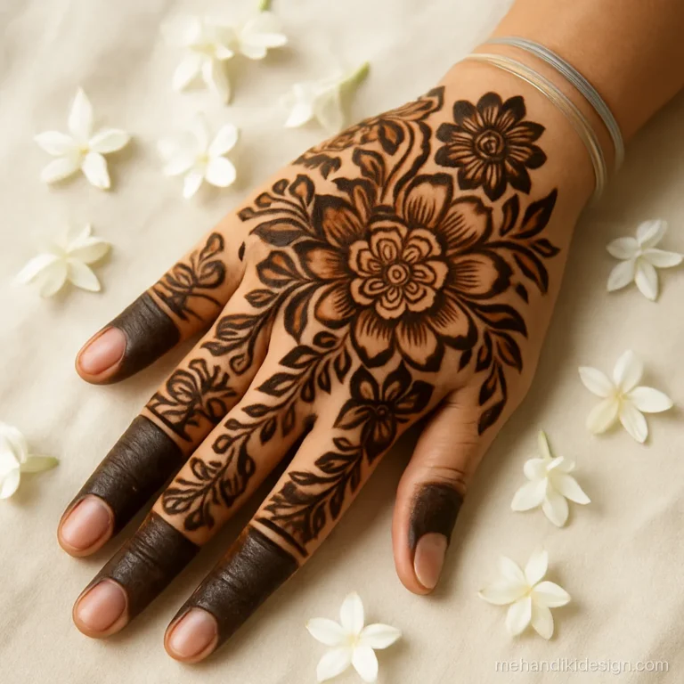 Full palm mehandi designs front hand with bold shaded Arabic florals
