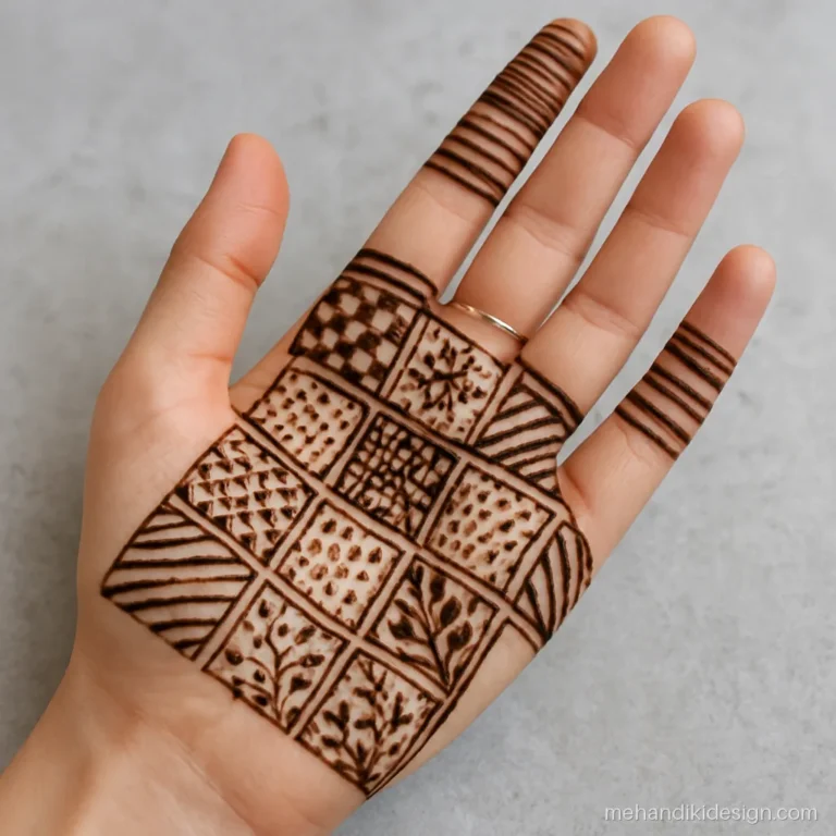 Full palm front mehandi design with grid blocks of different fillers