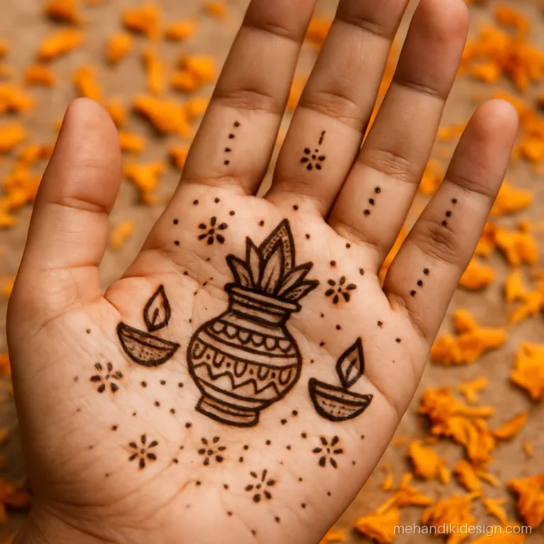 Full palm aage hath ki mehandi with a kalash and diya pattern