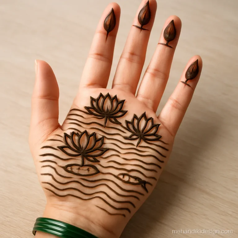 Full palm hatheli mehandi design with lotus flowers and pond lines