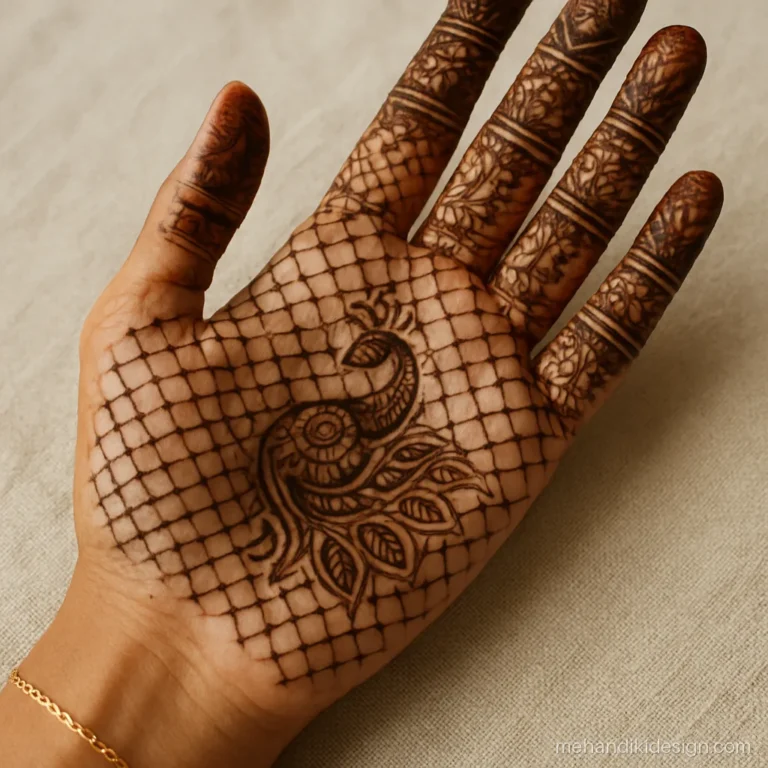 Full palm front hand mehandi with a peacock and jaal background