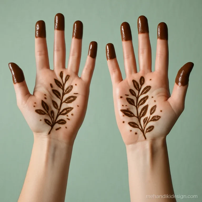 Two hennaed hands held up while drying, a fun pose for funny mehandi captions