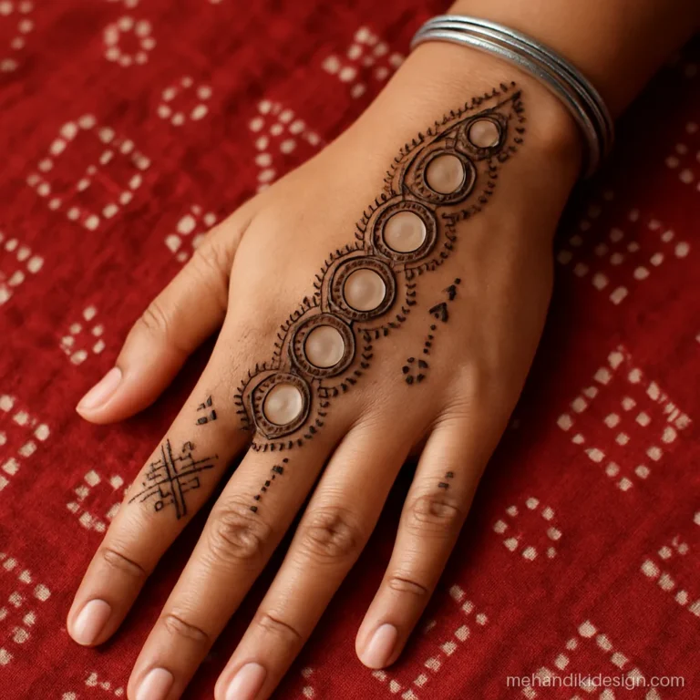 Garba mehandi design with mirror work circles and dandiya sticks on the back hand