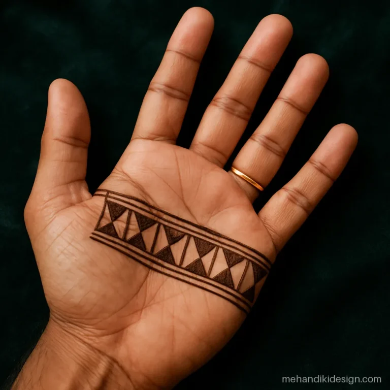 Gents mehandi with a geometric band across the palm