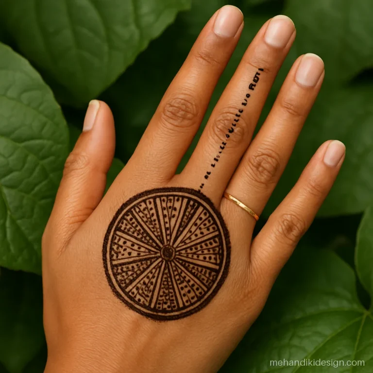 Modern circle mehandi design with geometric triangles inside the ring