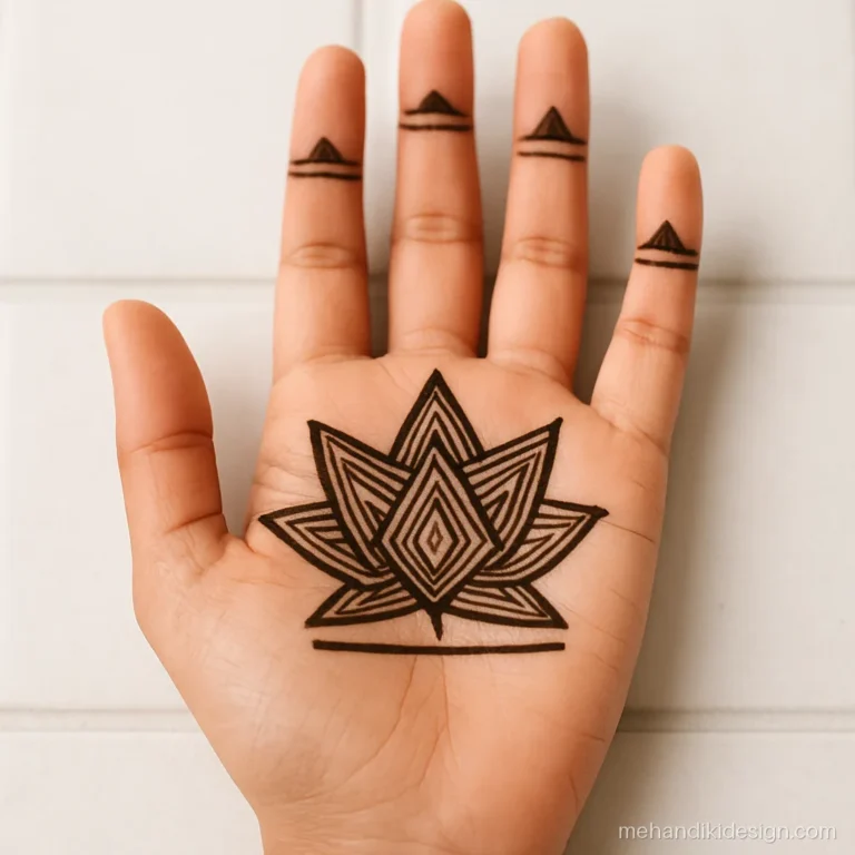 Mehndi design lotus built from triangles and straight lines on the palm