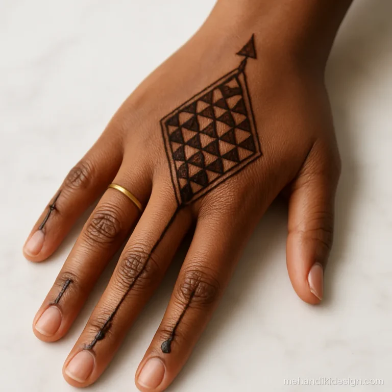 Geometric new mehandi with triangle grid on back hand and plain fingers