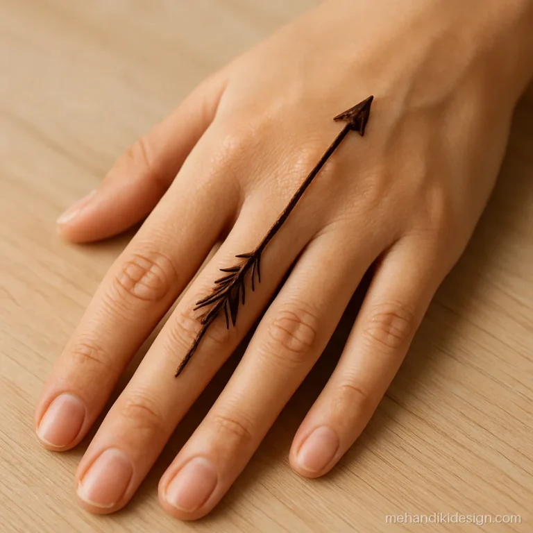 Tattoo mehandi design with a thin geometric arrow along a finger