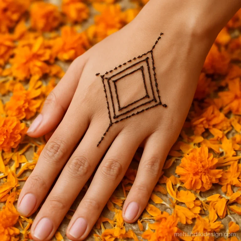 Geometric tattoo mehandi design with a diamond and lines on the back hand