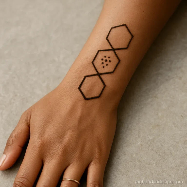 Geometric tattoo style mehandi with hexagons on the forearm
