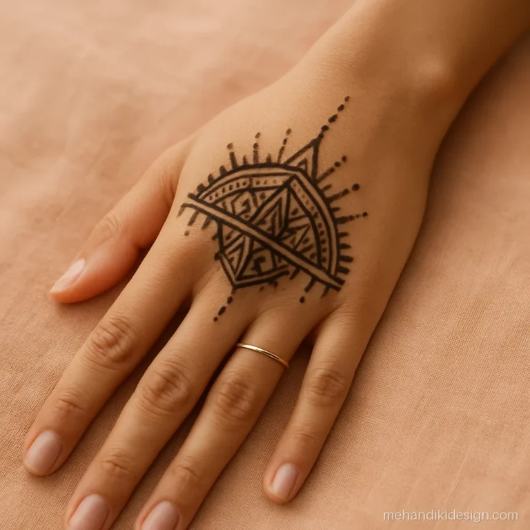 Geometric mehandi with a half line mandala on the back of the wrist