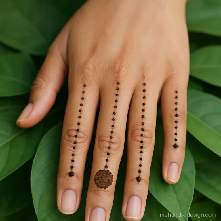 Back hand gol tikki mehandi with dot trails running up each finger
