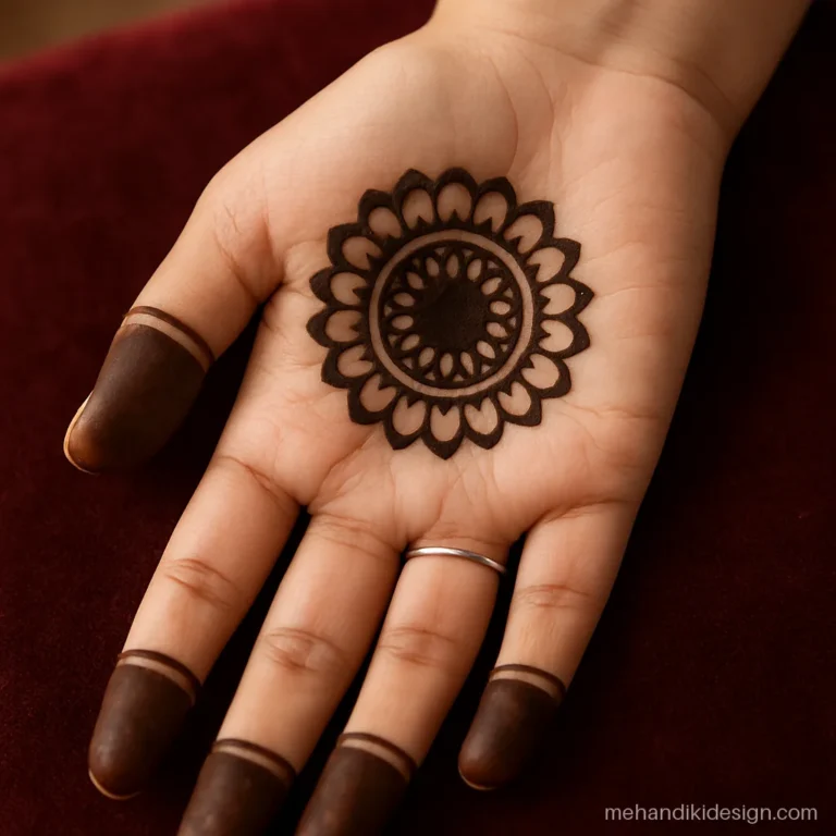 Round mehandi design with gol tikki and a ring of small petals