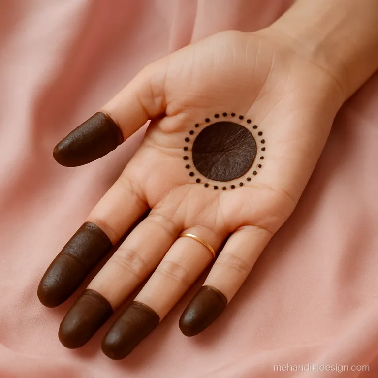 Gol tikki round mehandi design in the palm with fully filled fingertips