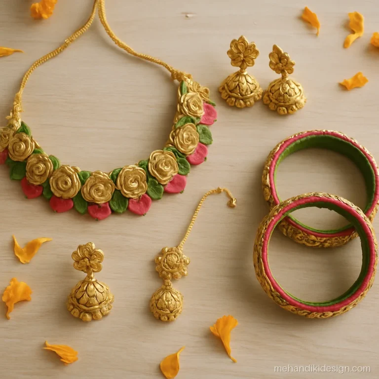 Gota patti mehandi jewellery set in green and pink with necklace, bangles and earrings