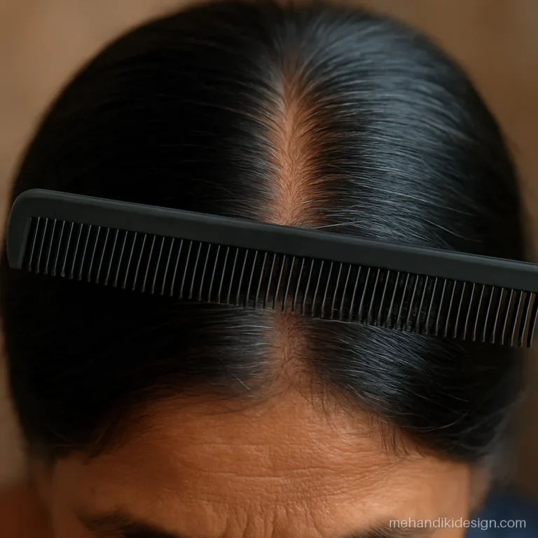 Close-up of grey hair covered with natural black mehandi and indigo at the parting