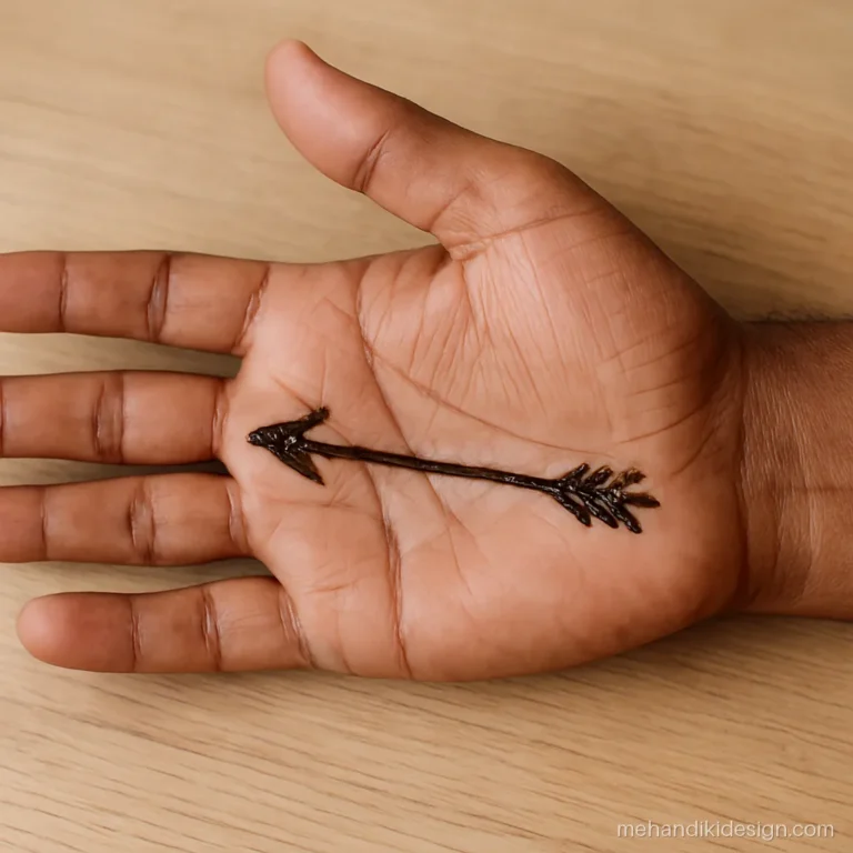 Groom mehandi design with an arrow and parallel lines on the side palm