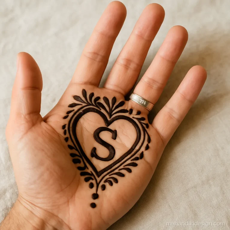 Groom mehandi design with a single letter inside a heart on the palm