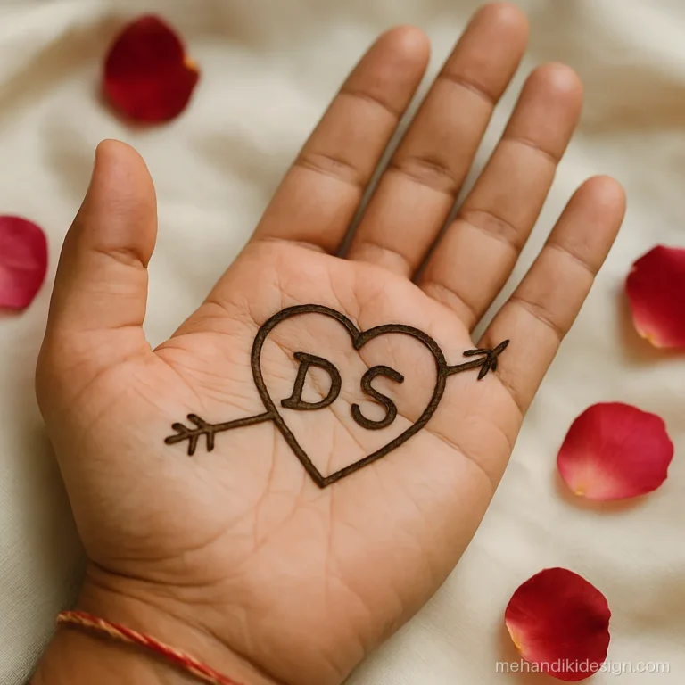 Groom mehandi with a heart, two initials and an arrow through it