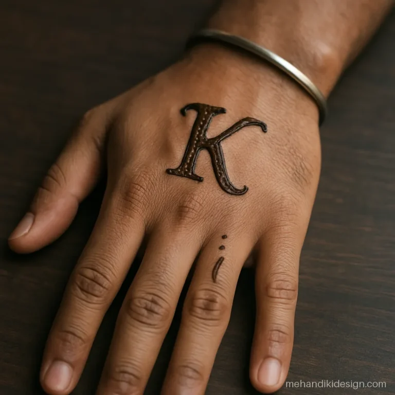 Groom mehandi with a small initial on the back of the hand near the thumb