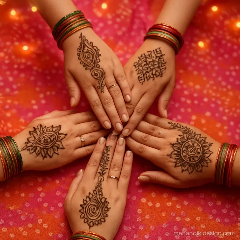 Mehandi night photo of five hennaed hands stacked together in a circle