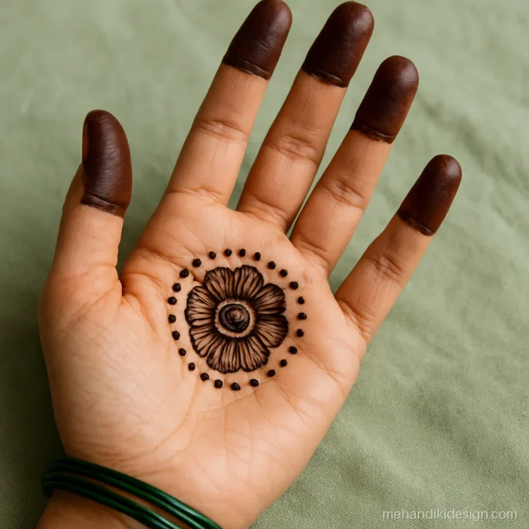 Guest engagement mehandi with a small palm flower and dotted fingertips