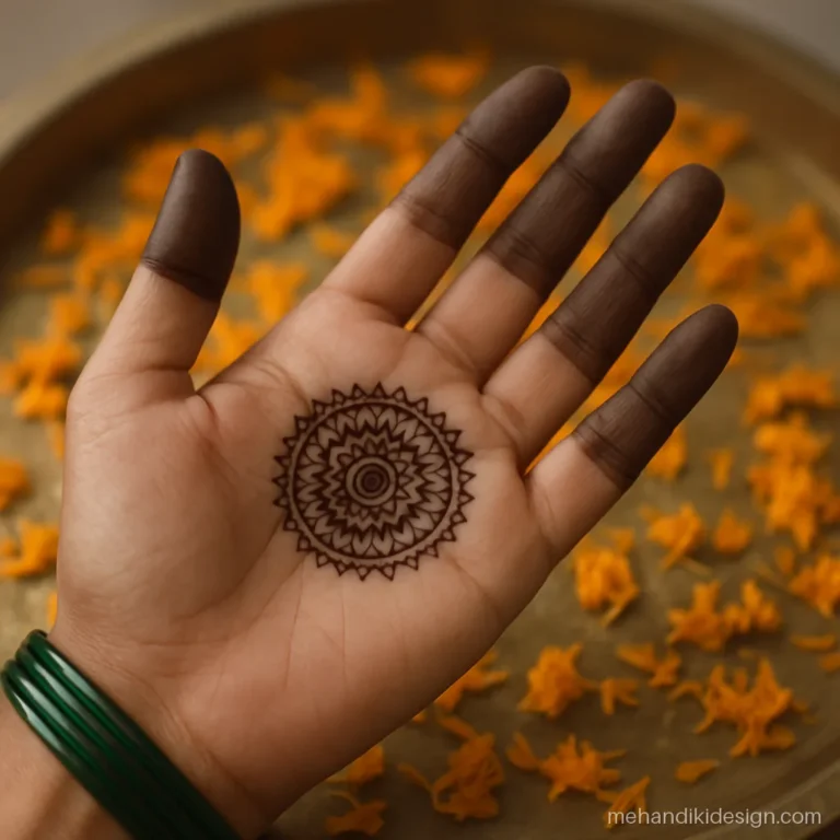 Simple mehandi design for function guests with a round mandala on the palm