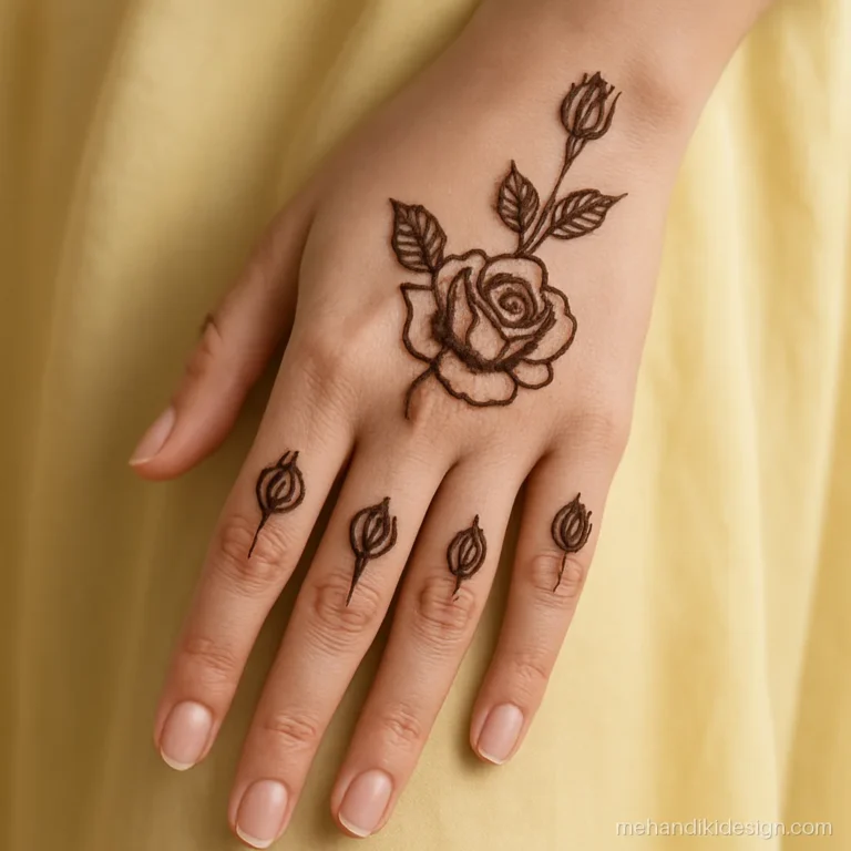 Gulab mehandi design with rosebuds on each fingertip and a wrist rose
