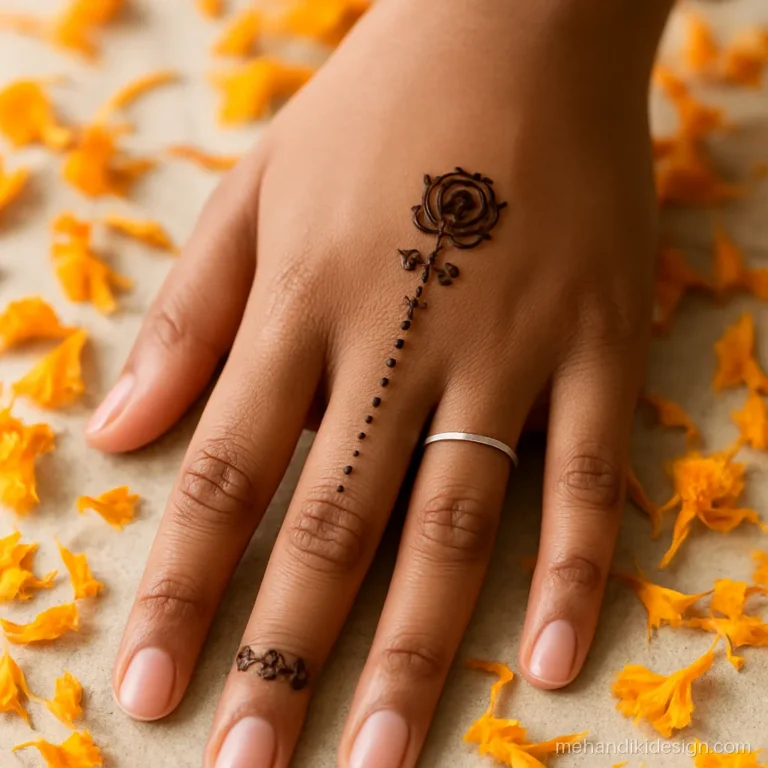 Gulab wali mehandi with a rose ring on the finger and a dotted chain