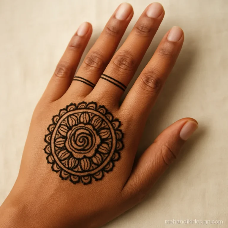 Gulab wali mehandi with rose centred mandala on the back hand