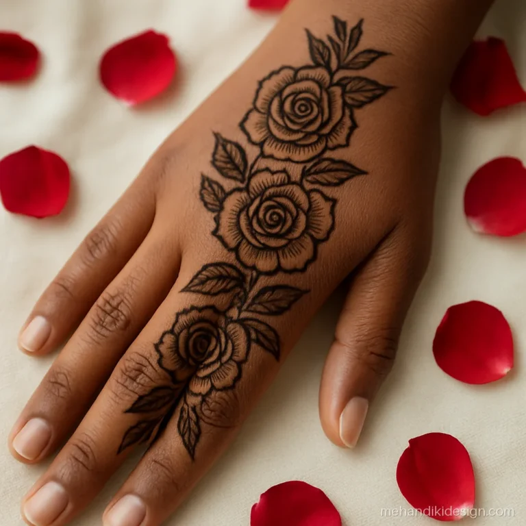 Gulab wali mehandi with shaded roses in a trail across the back hand