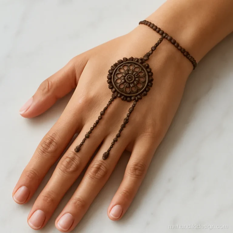 Jewellery mehandi design of a haathphool with a centre medallion and beaded chains