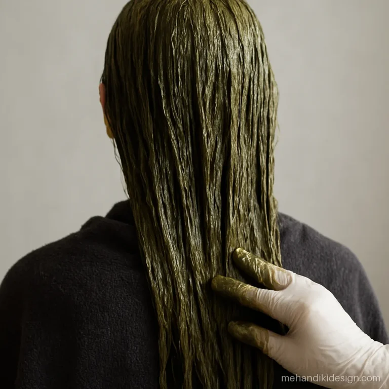 Long hair fully coated with green hair mehandi paste from roots to the ends